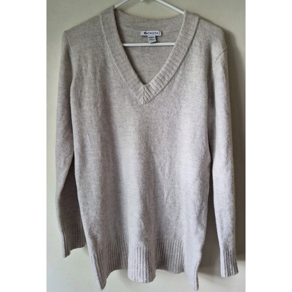 Athleta V-neck Sweater Light Beige/Cream Heathered Ribbed Hem Merino Wool Size S